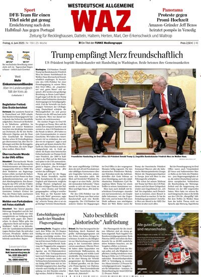 Titelbild der Ausgabe 130/2025 von WAZ Westdeutsche Allgemeine Zeitung für Recklinghausen. Diese Zeitschrift und viele weitere Zeitungsabos als Abo oder epaper bei United Kiosk online kaufen.