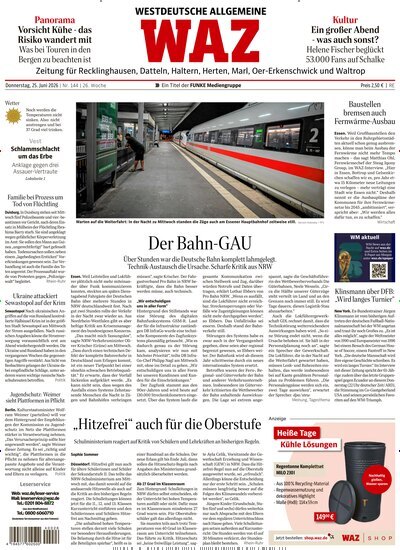 Titelbild der Ausgabe 144/2026 von WAZ Westdeutsche Allgemeine Zeitung für Recklinghausen. Diese Zeitschrift und viele weitere Zeitungsabos als Abo oder epaper bei United Kiosk online kaufen.