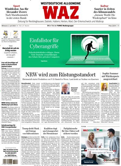 Titelbild der Ausgabe 150/2025 von WAZ Westdeutsche Allgemeine Zeitung für Recklinghausen. Diese Zeitschrift und viele weitere Zeitungsabos als Abo oder epaper bei United Kiosk online kaufen.