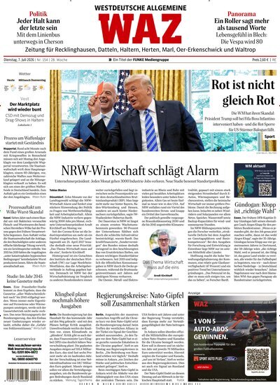 Titelbild der Ausgabe 154/2026 von WAZ Westdeutsche Allgemeine Zeitung für Recklinghausen. Diese Zeitschrift und viele weitere Zeitungsabos als Abo oder epaper bei United Kiosk online kaufen.