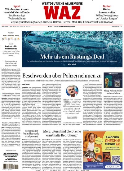 Titelbild der Ausgabe 155/2026 von WAZ Westdeutsche Allgemeine Zeitung für Recklinghausen. Diese Zeitschrift und viele weitere Zeitungsabos als Abo oder epaper bei United Kiosk online kaufen.