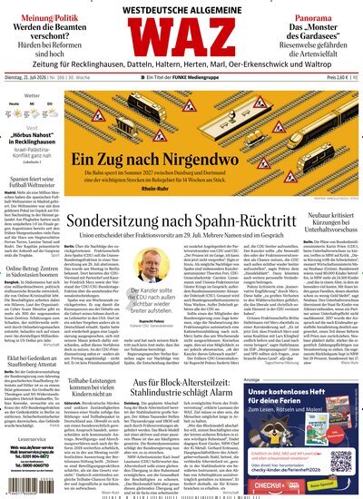 Titelbild der Ausgabe 166/2026 von WAZ Westdeutsche Allgemeine Zeitung für Recklinghausen. Diese Zeitschrift und viele weitere Zeitungsabos als Abo oder epaper bei United Kiosk online kaufen.