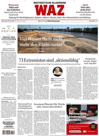 Titelbild der Ausgabe 174/2026 von WAZ Westdeutsche Allgemeine Zeitung für Recklinghausen. Diese Zeitschrift und viele weitere Zeitungsabos als Abo oder epaper bei United Kiosk online kaufen.