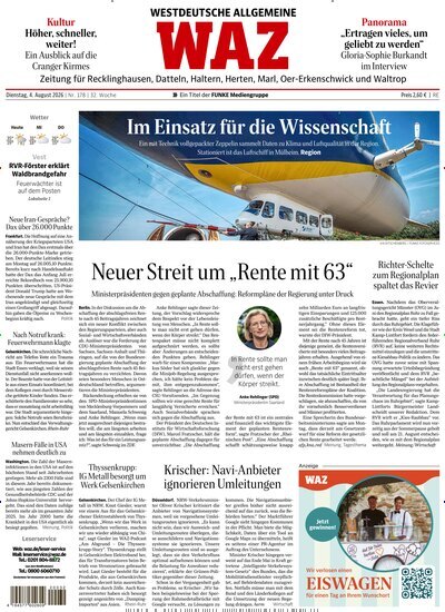Titelbild der Ausgabe 178/2026 von WAZ Westdeutsche Allgemeine Zeitung für Recklinghausen. Diese Zeitschrift und viele weitere Zeitungsabos als Abo oder epaper bei United Kiosk online kaufen.