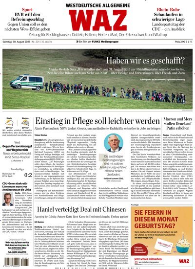 Titelbild der Ausgabe 201/2025 von WAZ Westdeutsche Allgemeine Zeitung für Recklinghausen. Diese Zeitschrift und viele weitere Zeitungsabos als Abo oder epaper bei United Kiosk online kaufen.