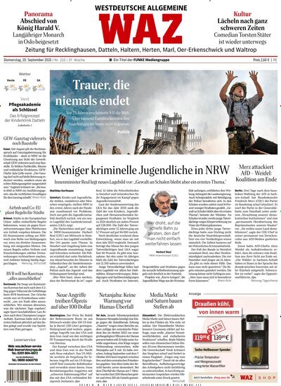 Titelbild der Ausgabe 210/2026 von WAZ Westdeutsche Allgemeine Zeitung für Recklinghausen. Diese Zeitschrift und viele weitere Zeitungsabos als Abo oder epaper bei United Kiosk online kaufen.
