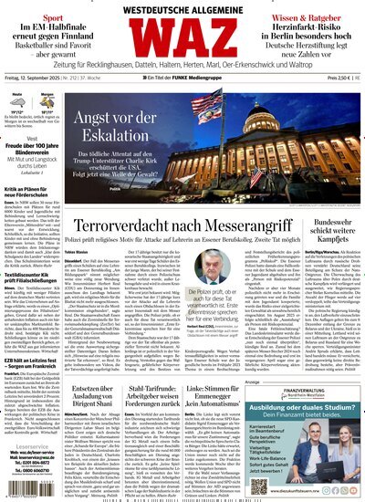 Titelbild der Ausgabe 212/2025 von WAZ Westdeutsche Allgemeine Zeitung für Recklinghausen. Diese Zeitschrift und viele weitere Zeitungsabos als Abo oder epaper bei United Kiosk online kaufen.