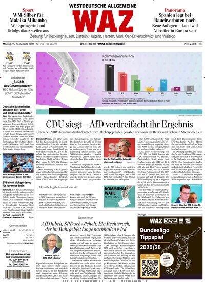 Titelbild der Ausgabe 214/2025 von WAZ Westdeutsche Allgemeine Zeitung für Recklinghausen. Diese Zeitschrift und viele weitere Zeitungsabos als Abo oder epaper bei United Kiosk online kaufen.