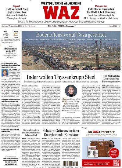 Titelbild der Ausgabe 216/2025 von WAZ Westdeutsche Allgemeine Zeitung für Recklinghausen. Diese Zeitschrift und viele weitere Zeitungsabos als Abo oder epaper bei United Kiosk online kaufen.