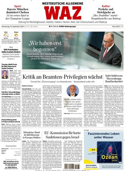 Titelbild der Ausgabe 217/2025 von WAZ Westdeutsche Allgemeine Zeitung für Recklinghausen. Diese Zeitschrift und viele weitere Zeitungsabos als Abo oder epaper bei United Kiosk online kaufen.