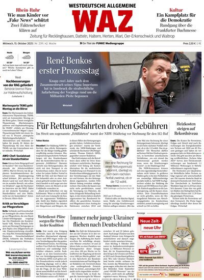 Titelbild der Ausgabe 239/2025 von WAZ Westdeutsche Allgemeine Zeitung für Recklinghausen. Diese Zeitschrift und viele weitere Zeitungsabos als Abo oder epaper bei United Kiosk online kaufen.