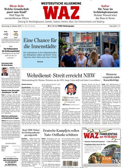 Titelbild der Ausgabe 240/2025 von WAZ Westdeutsche Allgemeine Zeitung für Recklinghausen. Diese Zeitschrift und viele weitere Zeitungsabos als Abo oder epaper bei United Kiosk online kaufen.