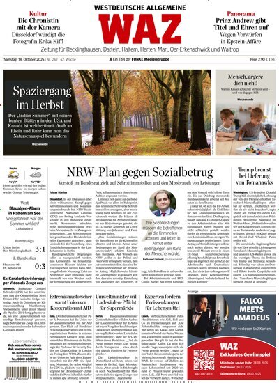 Titelbild der Ausgabe 242/2025 von WAZ Westdeutsche Allgemeine Zeitung für Recklinghausen. Diese Zeitschrift und viele weitere Zeitungsabos als Abo oder epaper bei United Kiosk online kaufen.