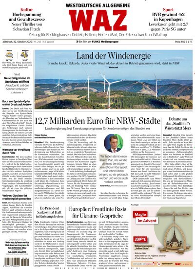 Titelbild der Ausgabe 245/2025 von WAZ Westdeutsche Allgemeine Zeitung für Recklinghausen. Diese Zeitschrift und viele weitere Zeitungsabos als Abo oder epaper bei United Kiosk online kaufen.