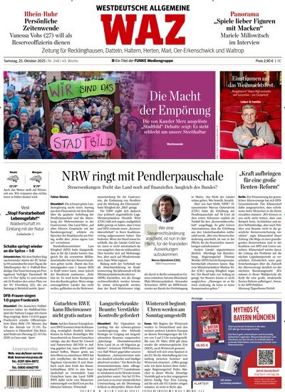 Titelbild der Ausgabe 248/2025 von WAZ Westdeutsche Allgemeine Zeitung für Recklinghausen. Diese Zeitschrift und viele weitere Zeitungsabos als Abo oder epaper bei United Kiosk online kaufen.