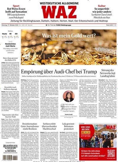 Titelbild der Ausgabe 249/2026 von WAZ Westdeutsche Allgemeine Zeitung für Recklinghausen. Diese Zeitschrift und viele weitere Zeitungsabos als Abo oder epaper bei United Kiosk online kaufen.
