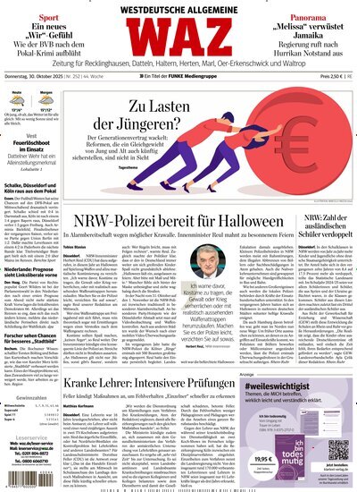 Titelbild der Ausgabe 252/2025 von WAZ Westdeutsche Allgemeine Zeitung für Recklinghausen. Diese Zeitschrift und viele weitere Zeitungsabos als Abo oder epaper bei United Kiosk online kaufen.