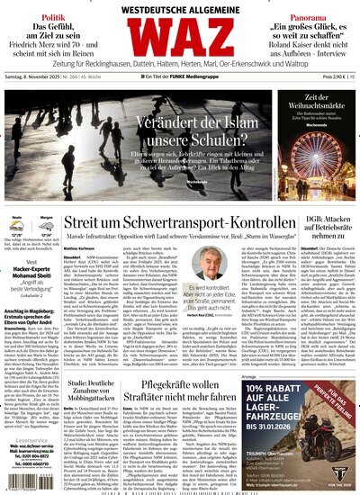 Titelbild der Ausgabe 259/2025 von WAZ Westdeutsche Allgemeine Zeitung für Recklinghausen. Diese Zeitschrift und viele weitere Zeitungsabos als Abo oder epaper bei United Kiosk online kaufen.