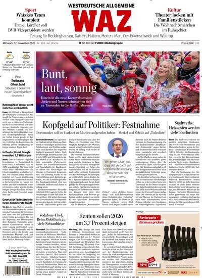 Titelbild der Ausgabe 262/2025 von WAZ Westdeutsche Allgemeine Zeitung für Recklinghausen. Diese Zeitschrift und viele weitere Zeitungsabos als Abo oder epaper bei United Kiosk online kaufen.