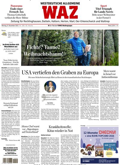 Titelbild der Ausgabe 285/2025 von WAZ Westdeutsche Allgemeine Zeitung für Recklinghausen. Diese Zeitschrift und viele weitere Zeitungsabos als Abo oder epaper bei United Kiosk online kaufen.