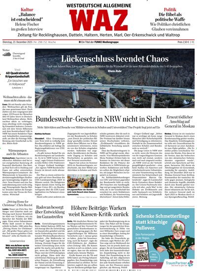 Titelbild der Ausgabe 298/2025 von WAZ Westdeutsche Allgemeine Zeitung für Recklinghausen. Diese Zeitschrift und viele weitere Zeitungsabos als Abo oder epaper bei United Kiosk online kaufen.