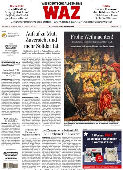 Titelbild der Ausgabe 299/2025 von WAZ Westdeutsche Allgemeine Zeitung für Recklinghausen. Diese Zeitschrift und viele weitere Zeitungsabos als Abo oder epaper bei United Kiosk online kaufen.
