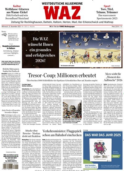 Titelbild der Ausgabe 303/2025 von WAZ Westdeutsche Allgemeine Zeitung für Recklinghausen. Diese Zeitschrift und viele weitere Zeitungsabos als Abo oder epaper bei United Kiosk online kaufen.