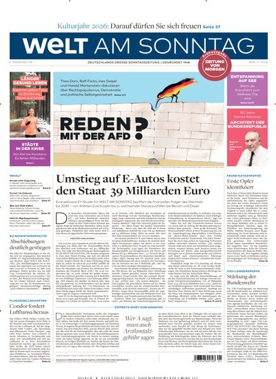 Titelbild der Ausgabe 1/2026 von Welt am Sonntag Bayern Frühausgabe. Diese Zeitschrift und viele weitere Zeitungsabos als Abo oder epaper bei United Kiosk online kaufen.