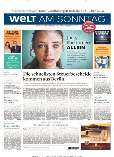 Titelbild der Ausgabe 2/2026 von Welt am Sonntag Bayern Frühausgabe. Diese Zeitschrift und viele weitere Zeitungsabos als Abo oder epaper bei United Kiosk online kaufen.