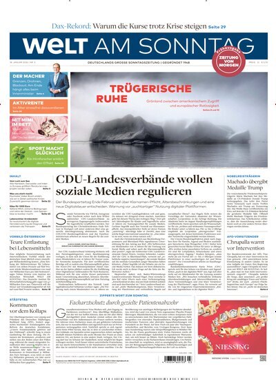 Titelbild der Ausgabe 3/2026 von Welt am Sonntag Bayern Frühausgabe. Diese Zeitschrift und viele weitere Zeitungsabos als Abo oder epaper bei United Kiosk online kaufen.