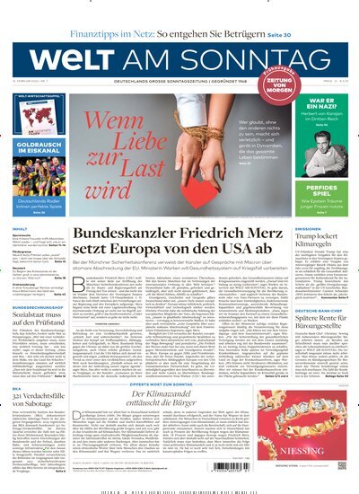 Titelbild der Ausgabe 7/2026 von Welt am Sonntag Bayern Frühausgabe. Diese Zeitschrift und viele weitere Zeitungsabos als Abo oder epaper bei United Kiosk online kaufen.