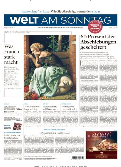 Titelbild der Ausgabe 10/2026 von Welt am Sonntag Bayern Frühausgabe. Diese Zeitschrift und viele weitere Zeitungsabos als Abo oder epaper bei United Kiosk online kaufen.