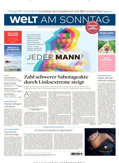 Titelbild der Ausgabe 13/2026 von Welt am Sonntag Bayern Frühausgabe. Diese Zeitschrift und viele weitere Zeitungsabos als Abo oder epaper bei United Kiosk online kaufen.