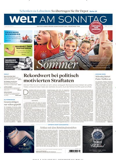 Titelbild der Ausgabe 23/2026 von Welt am Sonntag Bayern Frühausgabe. Diese Zeitschrift und viele weitere Zeitungsabos als Abo oder epaper bei United Kiosk online kaufen.