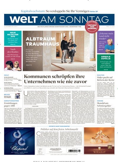 Titelbild der Ausgabe 46/2025 von Welt am Sonntag Bayern Frühausgabe. Diese Zeitschrift und viele weitere Zeitungsabos als Abo oder epaper bei United Kiosk online kaufen.