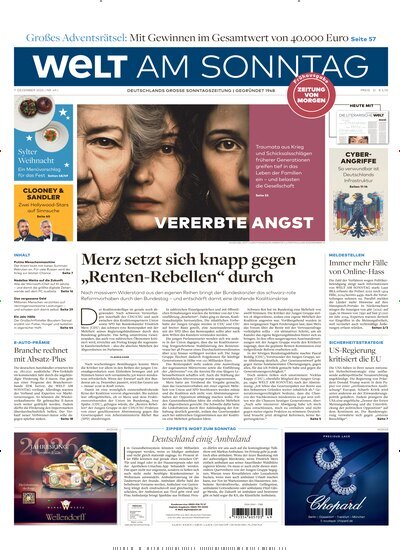 Titelbild der Ausgabe 49/2025 von Welt am Sonntag Bayern Frühausgabe. Diese Zeitschrift und viele weitere Zeitungsabos als Abo oder epaper bei United Kiosk online kaufen.