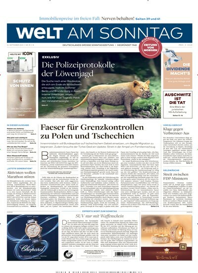 Titelbild der Ausgabe 39/2023 von Welt am Sonntag Gesamt Frühausgabe. Diese Zeitschrift und viele weitere Zeitungsabos als Abo oder epaper bei United Kiosk online kaufen.