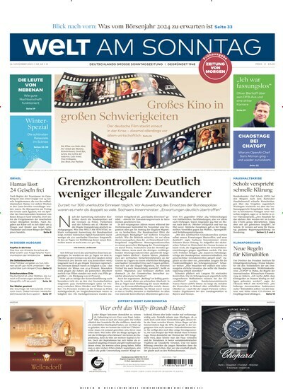 Titelbild der Ausgabe 48/2023 von Welt am Sonntag Gesamt Frühausgabe. Diese Zeitschrift und viele weitere Zeitungsabos als Abo oder epaper bei United Kiosk online kaufen.