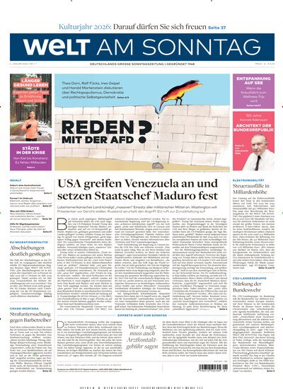 Titelbild der Ausgabe 1/2026 von Welt am Sonntag Gesamtausgabe. Diese Zeitschrift und viele weitere Zeitungsabos als Abo oder epaper bei United Kiosk online kaufen.