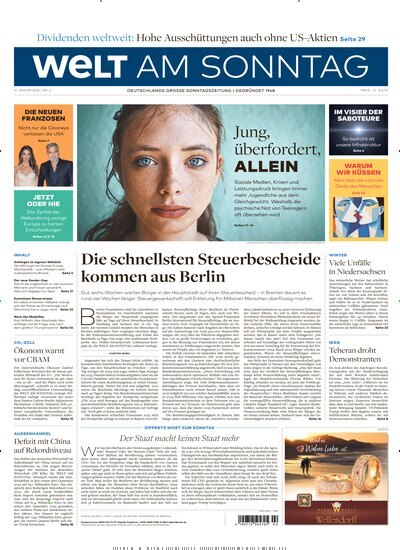 Titelbild der Ausgabe 2/2026 von Welt am Sonntag Gesamtausgabe. Diese Zeitschrift und viele weitere Zeitungsabos als Abo oder epaper bei United Kiosk online kaufen.