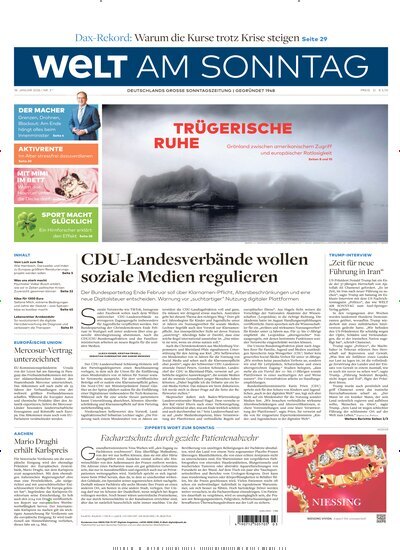 Titelbild der Ausgabe 3/2026 von Welt am Sonntag Gesamtausgabe. Diese Zeitschrift und viele weitere Zeitungsabos als Abo oder epaper bei United Kiosk online kaufen.