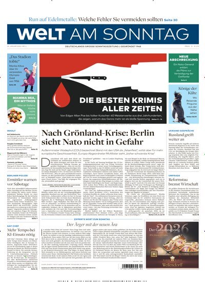 Titelbild der Ausgabe 4/2026 von Welt am Sonntag Gesamtausgabe. Diese Zeitschrift und viele weitere Zeitungsabos als Abo oder epaper bei United Kiosk online kaufen.