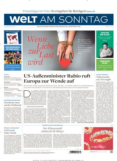 Titelbild der Ausgabe 7/2026 von Welt am Sonntag Gesamtausgabe. Diese Zeitschrift und viele weitere Zeitungsabos als Abo oder epaper bei United Kiosk online kaufen.