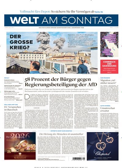 Titelbild der Ausgabe 9/2026 von Welt am Sonntag Gesamtausgabe. Diese Zeitschrift und viele weitere Zeitungsabos als Abo oder epaper bei United Kiosk online kaufen.