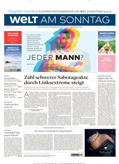 Titelbild der Ausgabe 13/2026 von Welt am Sonntag Gesamtausgabe. Diese Zeitschrift und viele weitere Zeitungsabos als Abo oder epaper bei United Kiosk online kaufen.