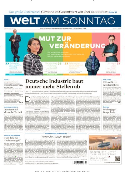 Titelbild der Ausgabe 14/2026 von Welt am Sonntag Gesamtausgabe. Diese Zeitschrift und viele weitere Zeitungsabos als Abo oder epaper bei United Kiosk online kaufen.