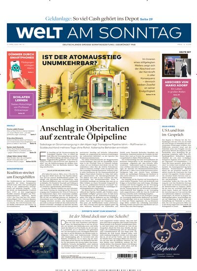 Titelbild der Ausgabe 15/2026 von Welt am Sonntag Gesamtausgabe. Diese Zeitschrift und viele weitere Zeitungsabos als Abo oder epaper bei United Kiosk online kaufen.