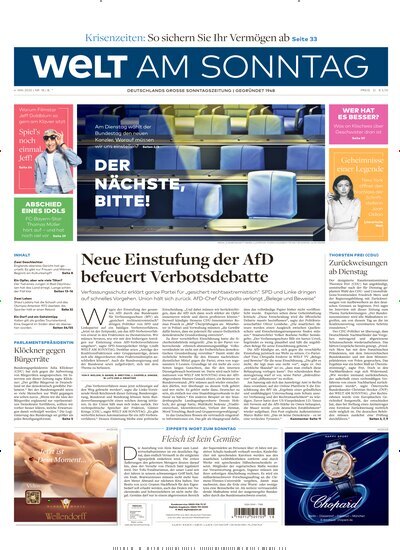 Titelbild der Ausgabe 18/2025 von Welt am Sonntag Gesamtausgabe. Diese Zeitschrift und viele weitere Zeitungsabos als Abo oder epaper bei United Kiosk online kaufen.