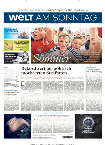 Titelbild der Ausgabe 23/2026 von Welt am Sonntag Gesamtausgabe. Diese Zeitschrift und viele weitere Zeitungsabos als Abo oder epaper bei United Kiosk online kaufen.