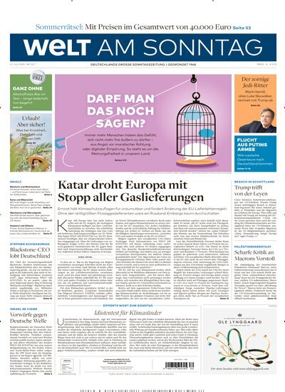 Titelbild der Ausgabe 30/2025 von Welt am Sonntag Gesamtausgabe. Diese Zeitschrift und viele weitere Zeitungsabos als Abo oder epaper bei United Kiosk online kaufen.